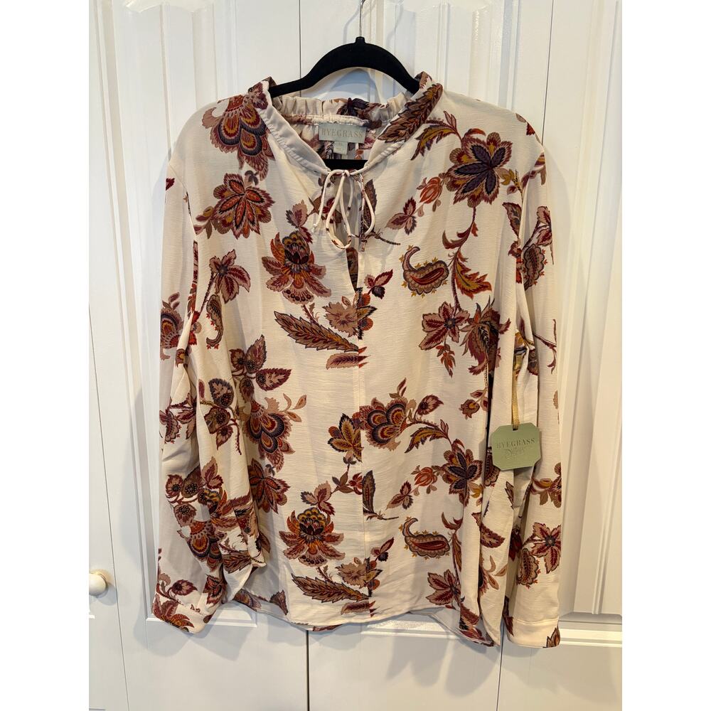 Ryegrass Ivory Floral Tie Neckline‎ Blouse Size XL